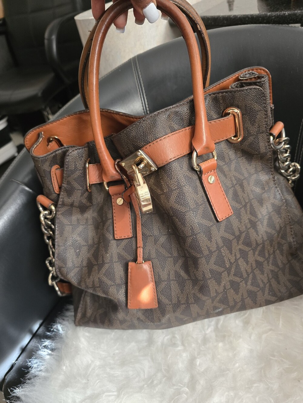 Michael Kors Brown MK Logo Satchel with Tan Trim